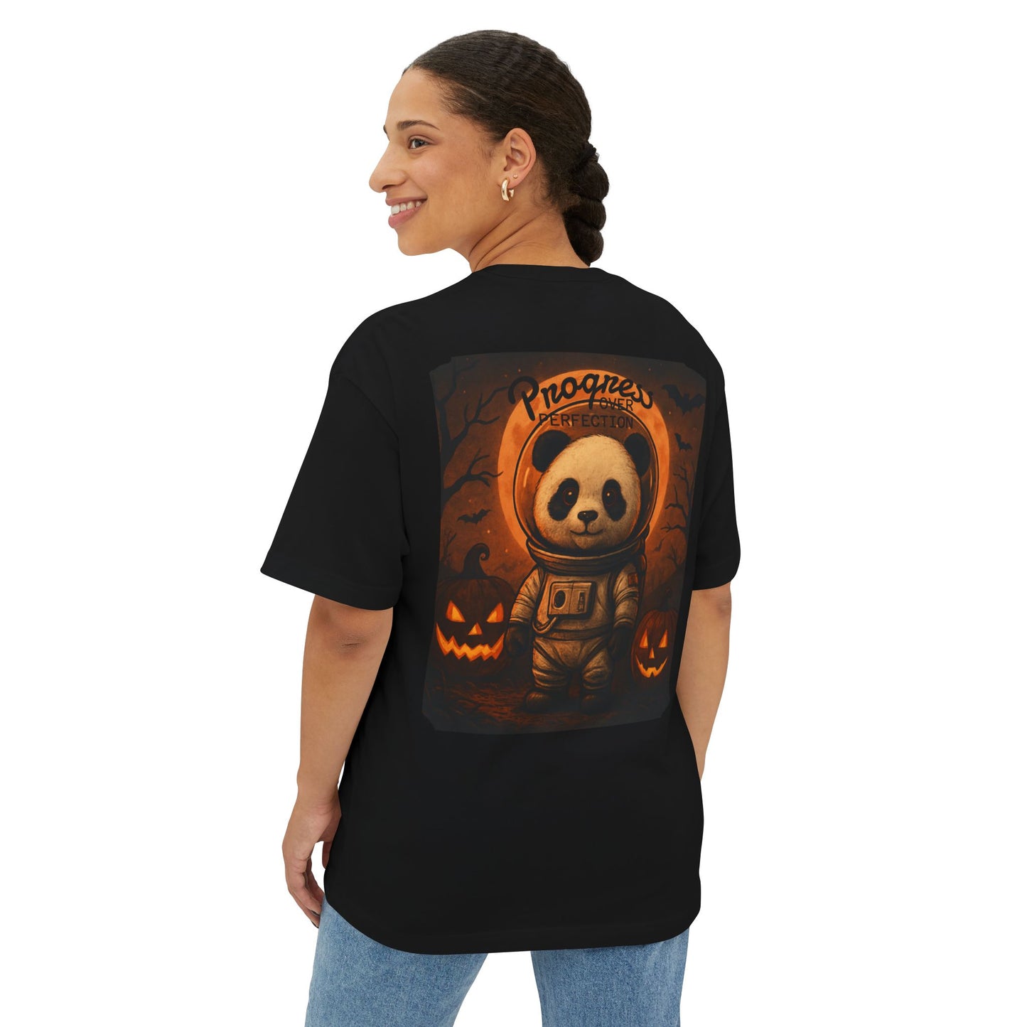 Unisex Oversized Boxy Tee with Halloween Panda Design | Cozy Casual Wear for Fall, Halloween, Gifts, Street Style, Comfort Fashion